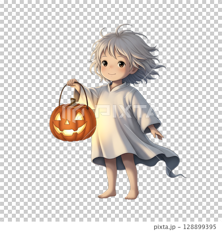 A cute child in a anime-style cartoon Halloween costume, happy for Halloween. White background. 128899395