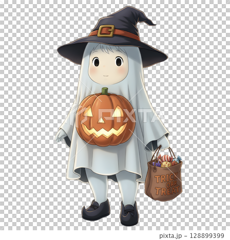 A cute child in a anime-style cartoon Halloween costume, happy for Halloween. White background. 128899399