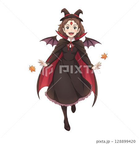 A cute child in a anime-style cartoon Halloween costume, happy for Halloween. White background. 128899420
