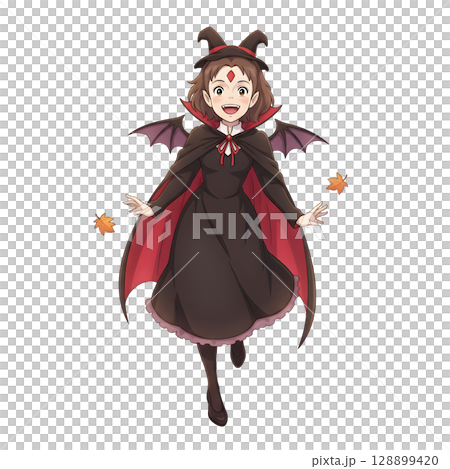 A cute child in a anime-style cartoon Halloween costume, happy for Halloween. White background. 128899420