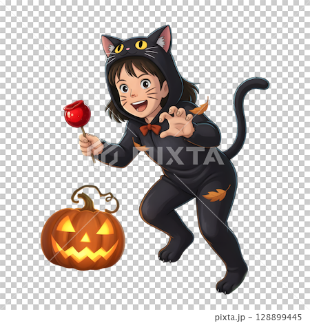 A cute child in a anime-style cartoon Halloween costume, happy for Halloween. White background. 128899445