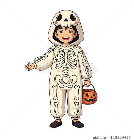 A cute child in a anime-style cartoon Halloween costume, happy for Halloween. White background. A cute child in a anime-style cartoon Halloween costume, happy for Halloween. White background. 128899457