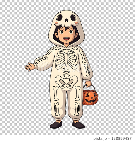A cute child in a anime-style cartoon Halloween costume, happy for Halloween. White background. A cute child in a anime-style cartoon Halloween costume, happy for Halloween. White background. 128899457
