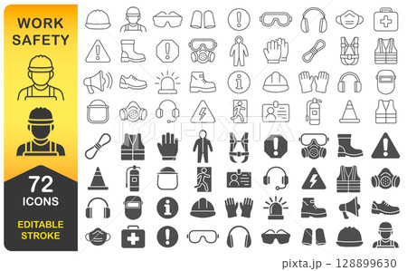 Work safety equipment editable line icons set. Safety icon symbol collection. Essential construction and industry signs. Safety and health protection equipment. Vector illustration image. Isolated   128899630