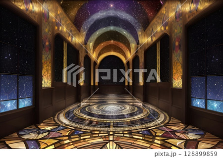 RPGファンタジーゲーム背景星屑の世界をイメージした異世界ステンドグラスのあるダンスホール 128899859