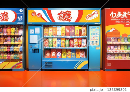 ゲーム背景　たくさんの自動販売機が並ぶマーケット 128899891