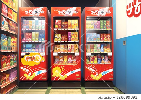 ゲーム背景　たくさんの自動販売機が並ぶマーケット 128899892