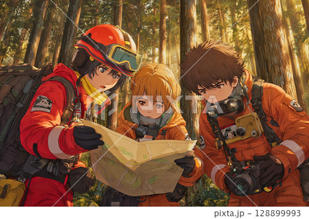 森林で地図を確認するレスキューチームのアニメ風イラスト 128899993