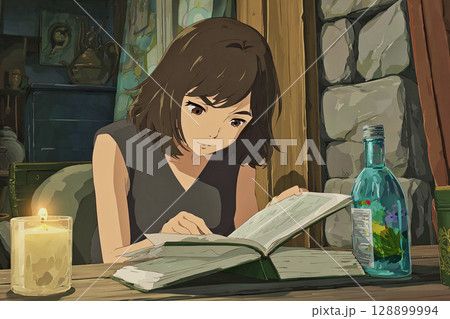 ろうそくの灯りで本を読む女性のアニメ風イラスト 128899994