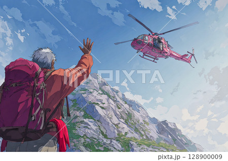 救助ヘリに手を振る高齢登山者のアニメ風イラスト 128900009