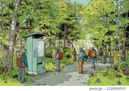 登山道入り口で案内板を確認する登山者たちのアニメ風イラスト 128900045
