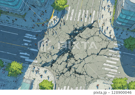 都市の交差点に巨大な地割れが生じたアニメ風俯瞰イラスト 128900046