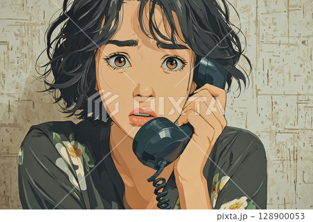 不安な表情で通話する女性のアニメ風イラスト 128900053