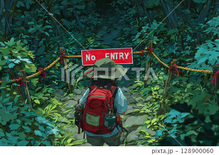 「立入禁止」の警告標識を前に立ち止まる登山者のアニメ風イラスト 128900060