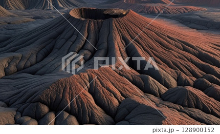 Dunes and ridges in a vast desert landscape, textured sand with ripples and intricate patterns created by the wind, dark shadows accentuating the curves and formations, rugged and geological terrain 128900152