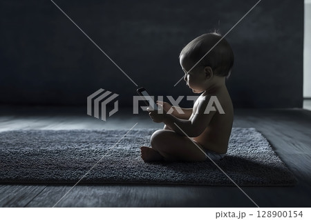 A young baby sits quietly on a soft rug, deeply engrossed by the glowing screen of a small electronic device in a dark room. A young baby sits quietly on a soft rug, deeply engrossed by the glowing screen of a small electronic device in a dark room. 128900154