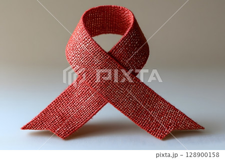 A vibrant textured red fabric ribbon forms a distinct symbolic loop, standing upright on a clear, bright surface. 128900158