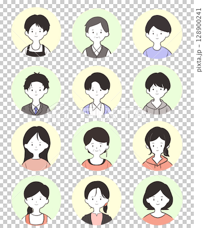 A set of male and female character icons with transparent background. Simple line drawing style of people with various expressions from young to middle-aged. 128900241