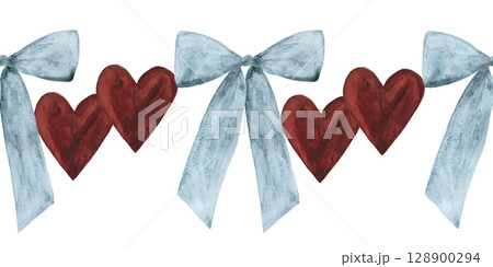Seamless watercolor border featuring blue bows and dark red hearts on a white background. Elegant and charming, perfect for romantic designs, Valentine's Day themes, and special occasion decorations 128900294