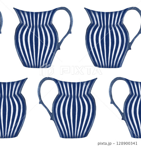 Seamless watercolor pattern of blue and white striped ceramic vases with handles on a white background. Chic and nautical, perfect for home decor designs, kitchen themes, and coastal-inspired projects Seamless watercolor pattern of blue and white striped ceramic vases with handles on a white background. Chic and nautical, perfect for home decor designs, kitchen themes, and coastal-inspired projects 128900341