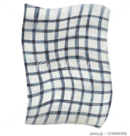 A watercolor illustration of a fabric tablecloth with a light blue background and a charming blue checkered pattern. The design exudes a cozy, rustic feel, perfect for home decor, dining, or vintage 128900366