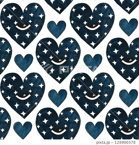 Seamless watercolor pattern of blue hearts with eyes and star patterns on a white background. Cute and playful, perfect for Valentine's Day, baby showers, and children's designs. Hand-painted and 128900378