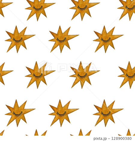 Seamless watercolor pattern of sleepy yellow stars on a white background. Cute and whimsical, perfect for children's textiles, nursery wallpaper, and baby shower designs. Hand-painted and charming Seamless watercolor pattern of sleepy yellow stars on a white background. Cute and whimsical, perfect for children's textiles, nursery wallpaper, and baby shower designs. Hand-painted and charming 128900380