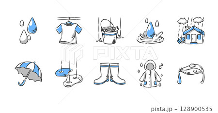 Rainy season hand drawn icon collection. Set 1 of 4. Vector illustration. Rainy season hand drawn icon collection. Set 1 of 4. Vector illustration. 128900535