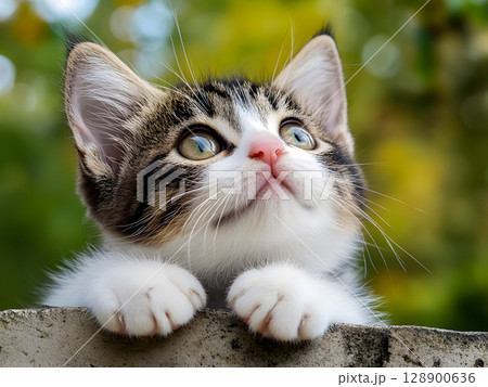 前足をそろえて見上げる子猫のクローズアップ 128900636