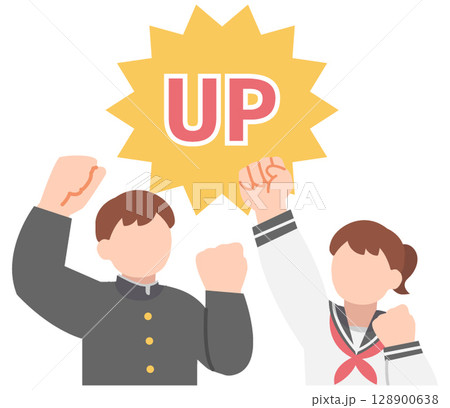 レベルアップするガッツポーズする学生服姿の男女（上半身） 128900638