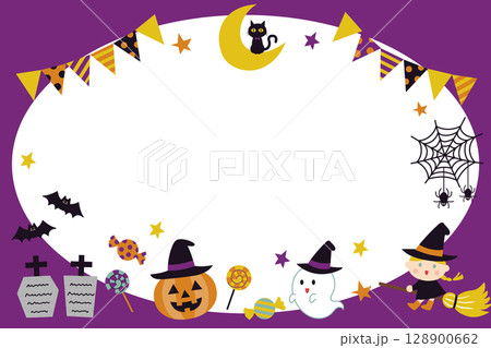 ハロウィンフレーム・かぼちゃとゴーストと魔女のイラスト 128900662