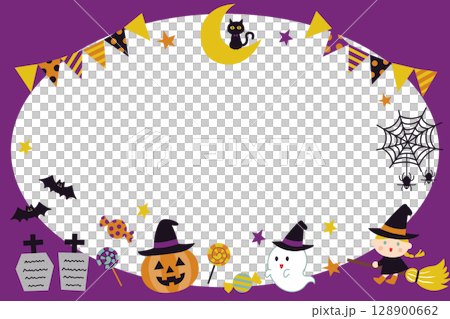 ハロウィンフレーム・かぼちゃとゴーストと魔女のイラスト 128900662