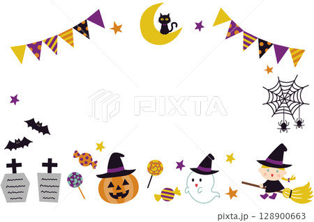 透過ハロウィンフレーム・おばけとかぼちゃの可愛いイラスト 128900663