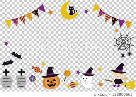 透過ハロウィンフレーム・おばけとかぼちゃの可愛いイラスト 128900663