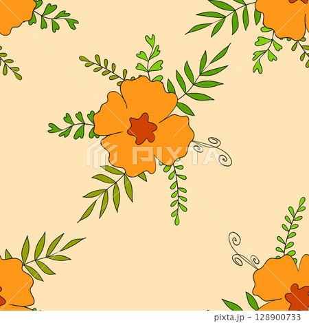 Seamless floral pattern based on traditional folk art ornaments. Colorful flowers on color background. Scandinavian style. Sweden nordic style. Vector illustration. Simple minimalistic pattern 128900733