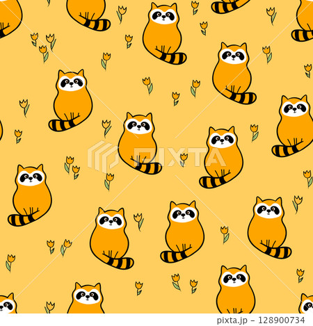 Vector seamless repeating childish pattern with cute raccoon in doodle style. Animals background for invitation, poster, card, flyer, textile, fabric 128900734