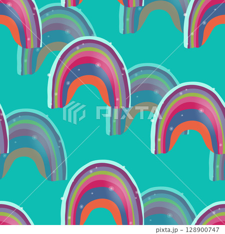 Trendy seamless pattern with colorful rainbow on color background. Design for invitation, poster, card, fabric, textile, fabric. Cute holiday illustration for baby. Scandinavian doodle style Trendy seamless pattern with colorful rainbow on color background. Design for invitation, poster, card, fabric, textile, fabric. Cute holiday illustration for baby. Scandinavian doodle style 128900747