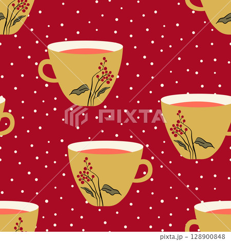 Abstract seamless pattern with color cups. Kitchen doodle background. Design for poster, fabric, textile Abstract seamless pattern with color cups. Kitchen doodle background. Design for poster, fabric, textile 128900848