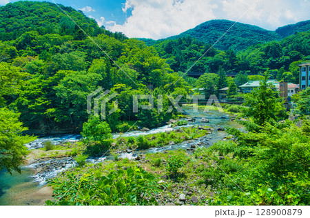 栃木県那須塩原市 夏の塩原温泉と箒川に架かる山ゆりの吊橋 栃木県那須塩原市 夏の塩原温泉と箒川に架かる山ゆりの吊橋 128900879