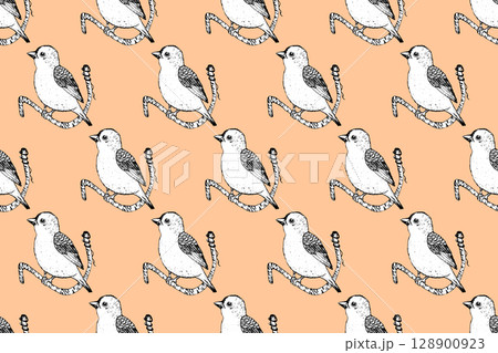 Seamless pattern with funny birds, flowers, leaves. Flat vector illustration with cartoon bird silhouette. Cute characters. Design for invitation, poster, card, textile, fabric 128900923
