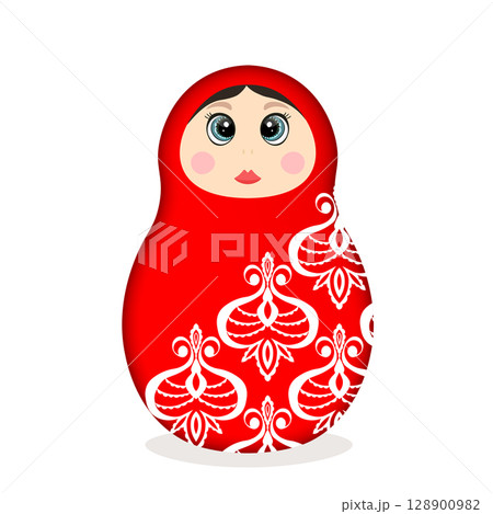 Russian Matryoshka. Traditional Russian folklore dolls with big eyes and lips. Babushka doll with hohloma, traditional painted floral pattern. Hand drawn vector illustration 128900982