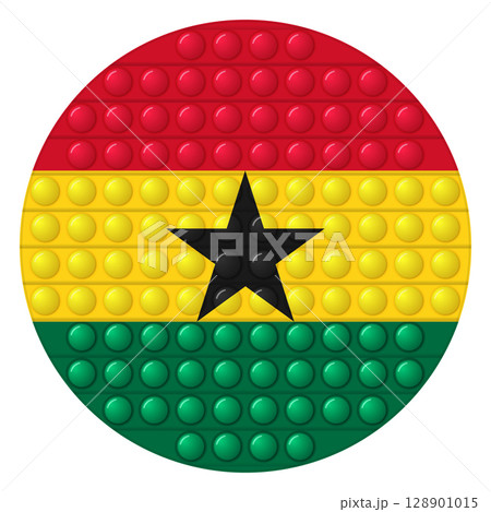 Glass light ball with flag of Ghana. Round sphere, template icon. Ghanaian national symbol. Glossy realistic ball, 3D vector illustration. Trendy antistress game pop it, simple dimple. Big bubble 128901015