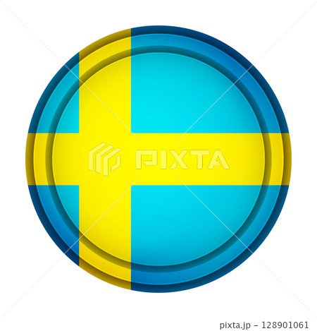 Glass light ball with flag of Sweden. Round sphere, template icon. Swedish national symbol. Glossy realistic ball, 3D abstract vector illustration highlighted on a white background. Big bubble 128901061