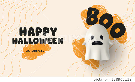 Horizontal Halloween poster with a scared 3D ghost, BOO text, and hand-drawn textures on a pastel background. Fun and spooky design for seasonal banners, social media, and web content. Vector Horizontal Halloween poster with a scared 3D ghost, BOO text, and hand-drawn textures on a pastel background. Fun and spooky design for seasonal banners, social media, and web content. Vector 128901118