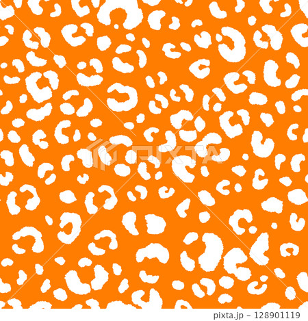 Abstract modern leopard seamless pattern. Animals trendy background. Orange and white decorative vector illustration for print, card, postcard, fabric, textile. Modern ornament of stylized skin 128901119