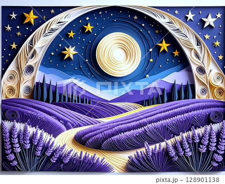 クイリングで描かれた夜空と満月に照らされるラベンダー畑の風景イラスト 128901138