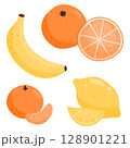 Set of ripe juicy fruits. Banana, tangerine, lemon and orange. Vector illustration is isolated on a white background. 128901221