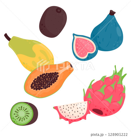 Set of ripe juicy fruits. Pattaya, kiwi, pitaya, fig. Vector illustration is isolated on a white background. 128901222