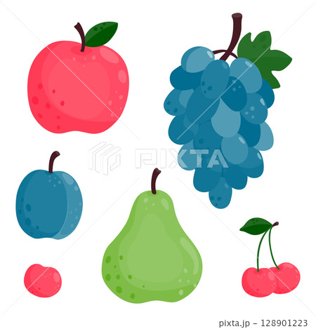 Set of ripe juicy fruits. Apple, pear, grape, plum, cherry. Vector illustration is isolated on a white background. Set of ripe juicy fruits. Apple, pear, grape, plum, cherry. Vector illustration is isolated on a white background. 128901223