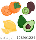 Set of ripe juicy fruits. Kiwi, lemon, avocado, persimmon. Vector illustration is isolated on a white background. 128901224
